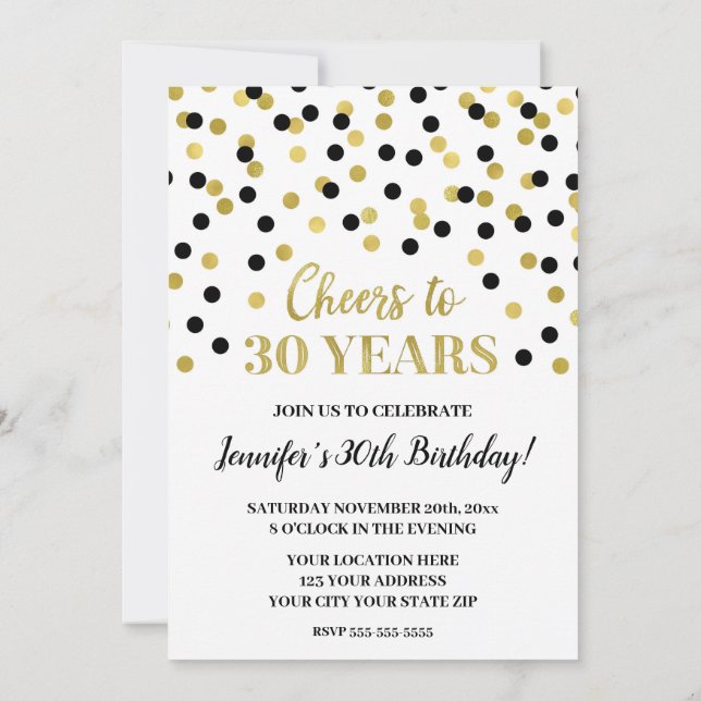 Black Gold Glitzer Confetti freut sich auf 30 Jahr Einladung (Rückseite)