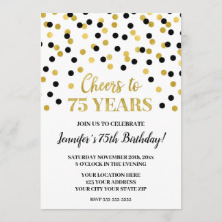 Black Gold Glitzer Confetti freut sich auf 75 Jahr Einladung