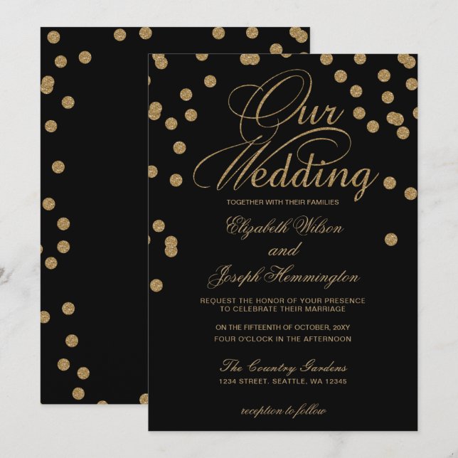 Black Gold Glitzer Confetti Hochzeit Einladung (Vorne/Hinten)