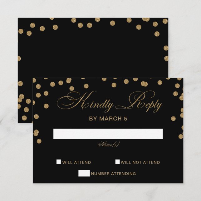Black Gold Glitzer Confetti Hochzeit RSVP Karte (Vorne/Hinten)