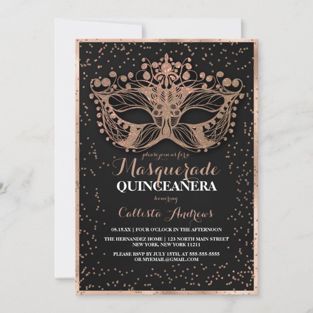 Black Gold Glitzer Confetti Masquerade Quinceañera Einladung (Vorderseite)