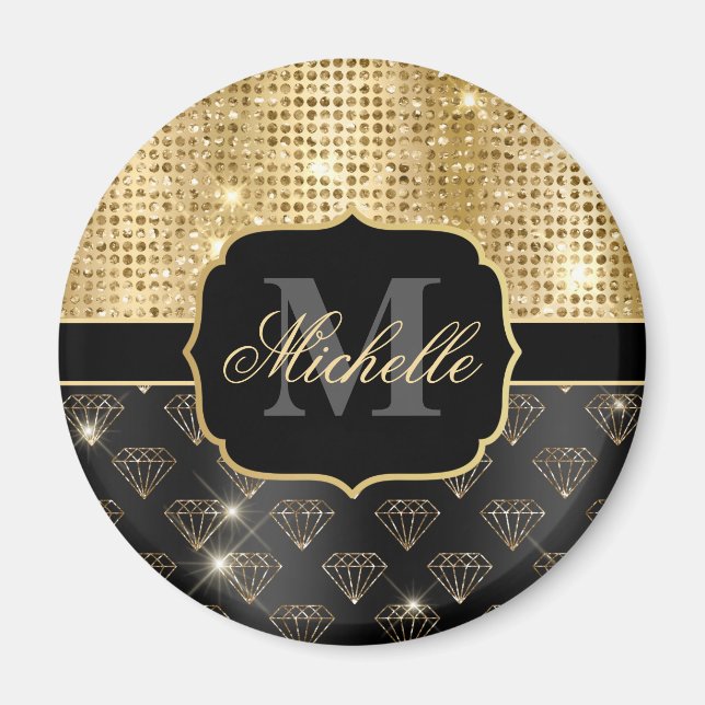 Black & Gold Glitzer Diamonds & Dots Magnet (Vorne)