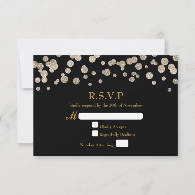 Black & Gold Glitzer Dot Modern Wedding RSVP Card (Vorderseite)
