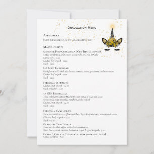 Black Gold Glitzer Einicorn ABSCHLUSS MENU Einladung