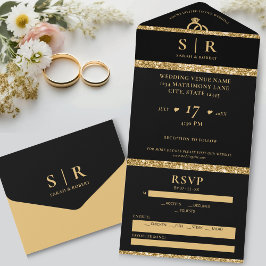 Black & Gold Glitzer Elegante Hochzeit All In One Einladung