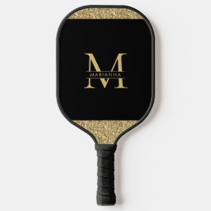 Black Gold Glitzer Elegantes Monogramm Personalisi Pickleball Schläger
