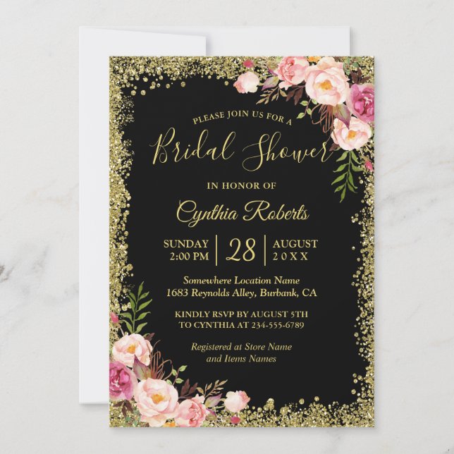 Black Gold Glitzer Floral Glamour Brautparty Einladung (Vorderseite)