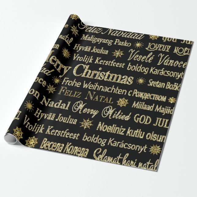 Black & Gold Glitzer Frohe Weihnachtstypografie Geschenkpapier (Ungerollt)