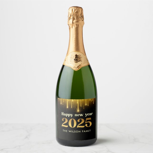 Black Gold Glitzer Frohes neues Jahr 2025 Weinsieg (Vorderseite)