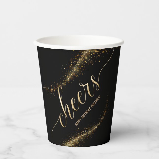 Black Gold Glitzer Geburtstagsparty Pappbecher (Vorderseite)