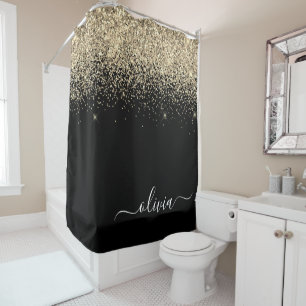 Black Gold Glitzer Girly Monogram Name Badezimmer Duschvorhang