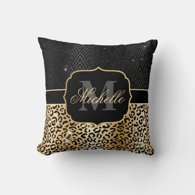Black & Gold Glitzer Glam Leopard Spots & Art Deco Kissen (Vorderseite)