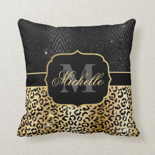 Black & Gold Glitzer Glam Leopard Spots & Art Deco Kissen