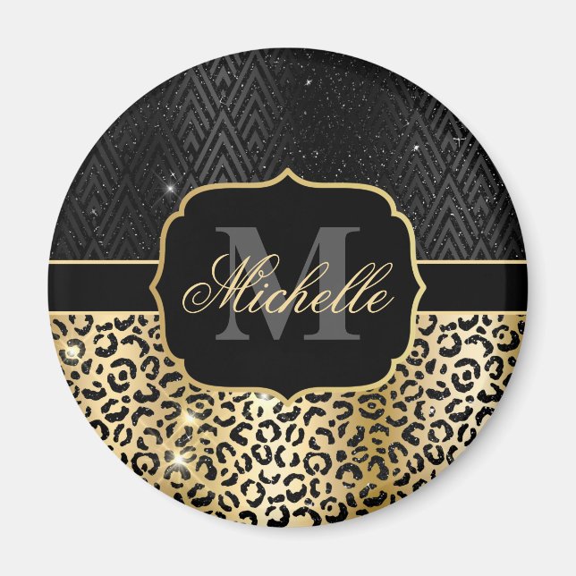 Black & Gold Glitzer Glam Leopard Spots & Art Deco Magnet (Vorne)