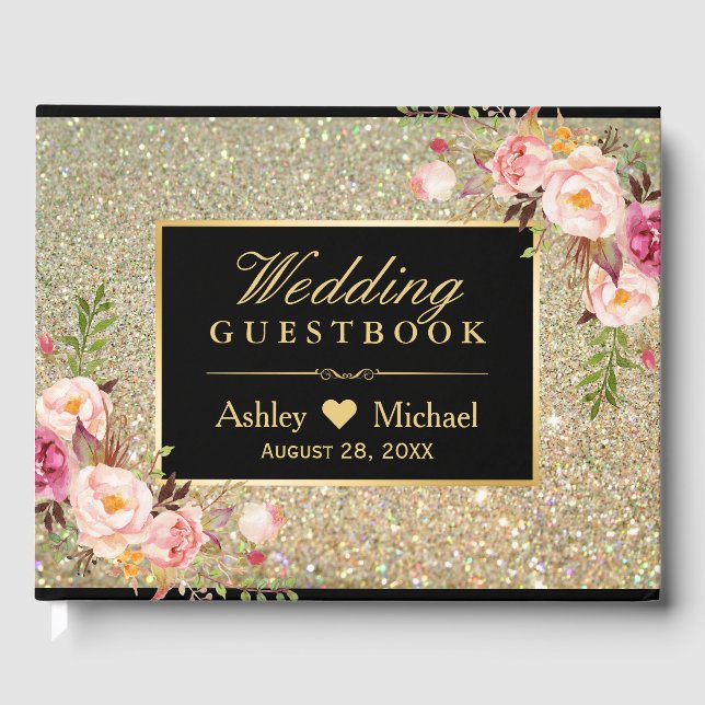 Black Gold Glitzer Glitzern Blumenhochzeit Gästebuch (Vorderseite)