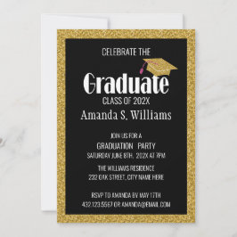 Black Gold Glitzer Grad Cap Graduation Party Einladung