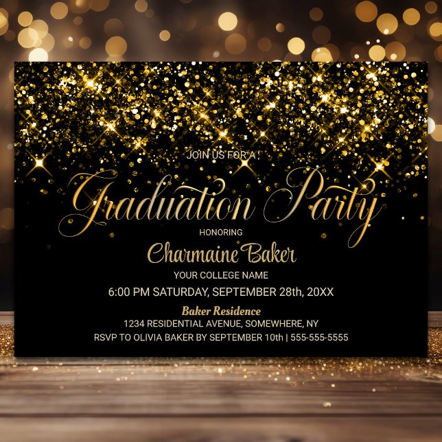Black Gold Glitzer Graduation Party Einladung (Von Creator hochgeladen)
