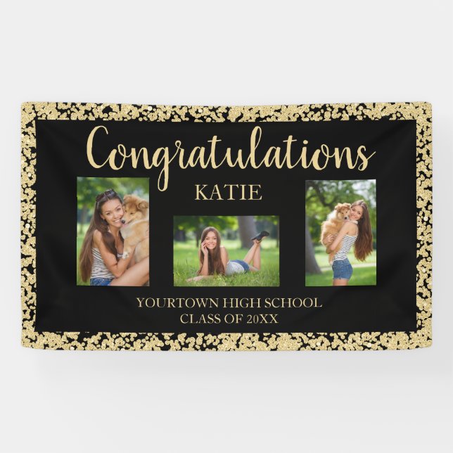 Black Gold Glitzer Graduation Party Foto Banner (Horizontal)