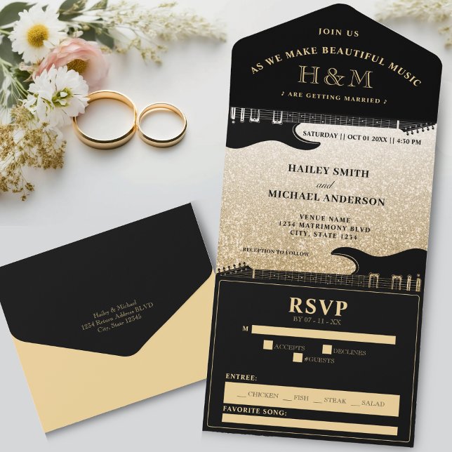 Black & Gold Glitzer Guitar Wedding All In One Einladung (Black & Gold Glitter Guitar Wedding All In One Invitation)
