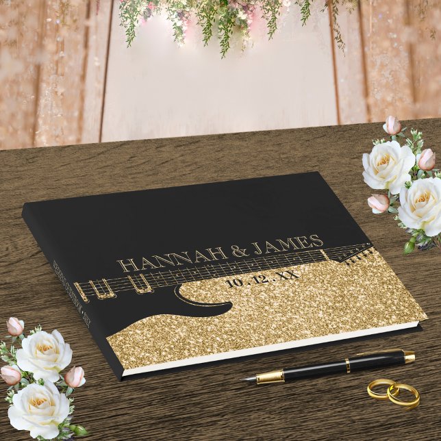 Black & Gold Glitzer Guitar Wedding Gästebuch (Black & Gold Glitter Guitar Wedding Guest Book)