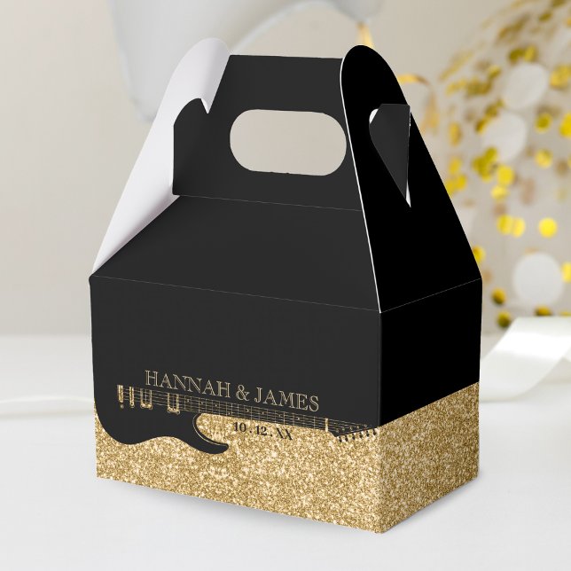 Black & Gold Glitzer Guitar Wedding Geschenkschachtel (Black & Gold Glitter Guitar Wedding Favor Box)