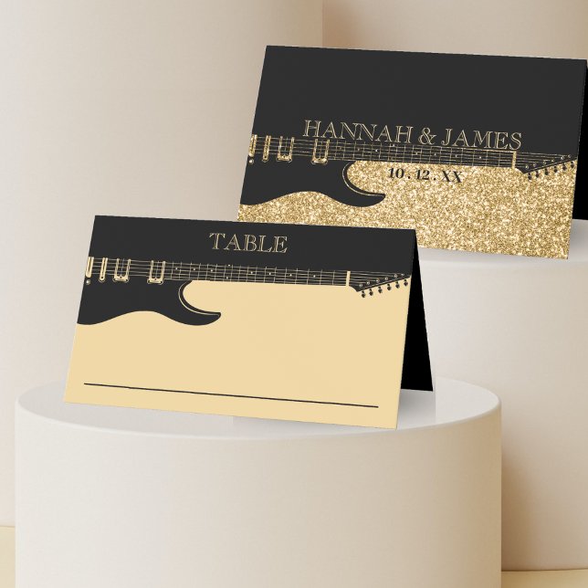 Black & Gold Glitzer Guitar Wedding Platzkarte (Black & Gold Glitter Guitar Wedding Place Card)