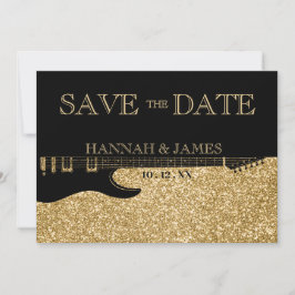Black & Gold Glitzer Guitar Wedding Save The Date