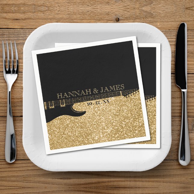 Black & Gold Glitzer Guitar Wedding Serviette (Black & Gold Glitter Guitar Wedding Napkins)