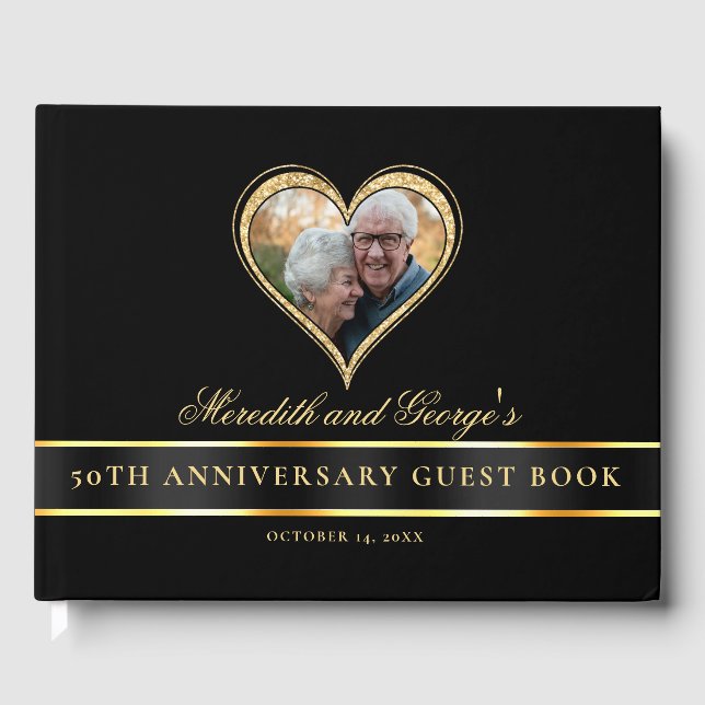 Black Gold Glitzer Heart Foto 50 Jahre Jubiläum Gästebuch (Vorderseite)