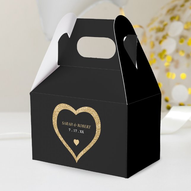 Black & Gold Glitzer Heart Wedding Geschenkschachtel (Black & Gold Glitter Heart Wedding Favor Box)