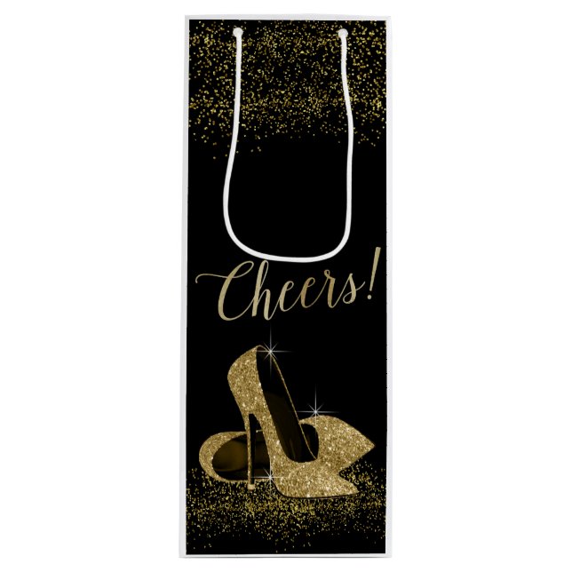 Black Gold Glitzer High Heel Schuhe Geschenktüte Für Weinflaschen (Vorderseite)