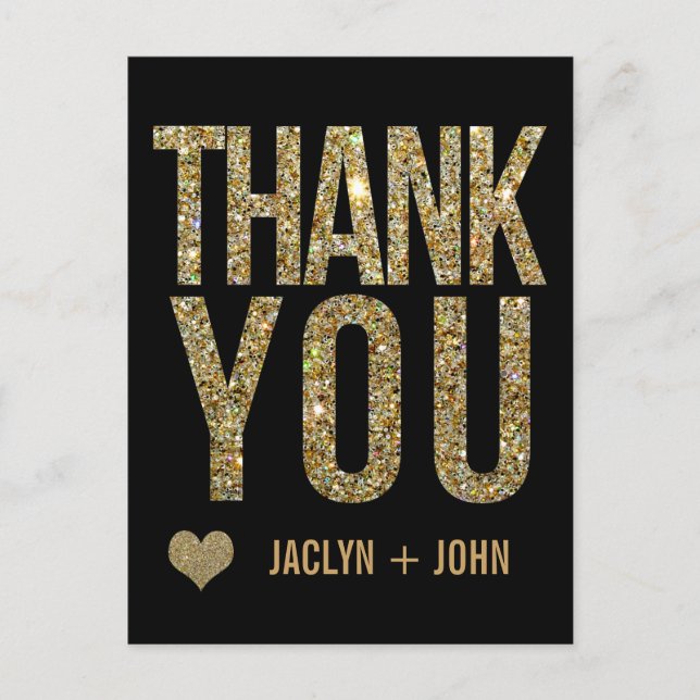 Black & Gold Glitzer Hochzeit Vielen Dank Postcard Postkarte (Vorderseite)