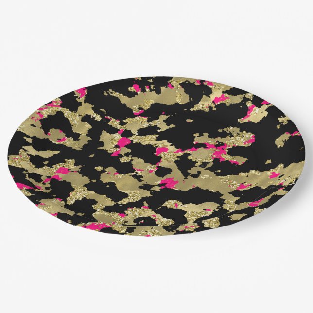 Black Gold Glitzer Hot Pink Abstrakt Peeling Glam Pappteller (Schrägansicht)