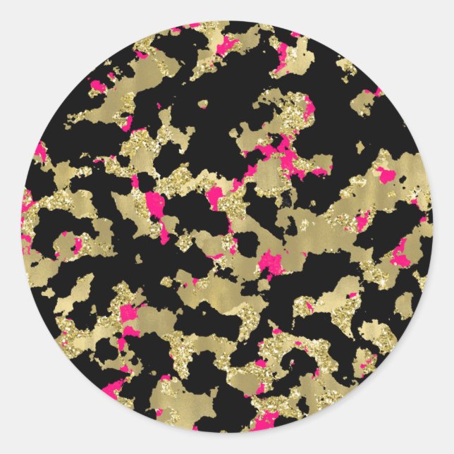 Black Gold Glitzer Hot Pink Abstrakt Peeling Glam Runder Aufkleber (Vorderseite)