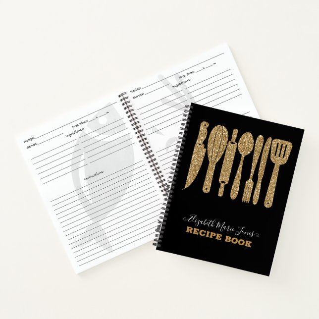 Black Gold Glitzer Kochen Utensil Küche Rezept Notizbuch (Innenseite)