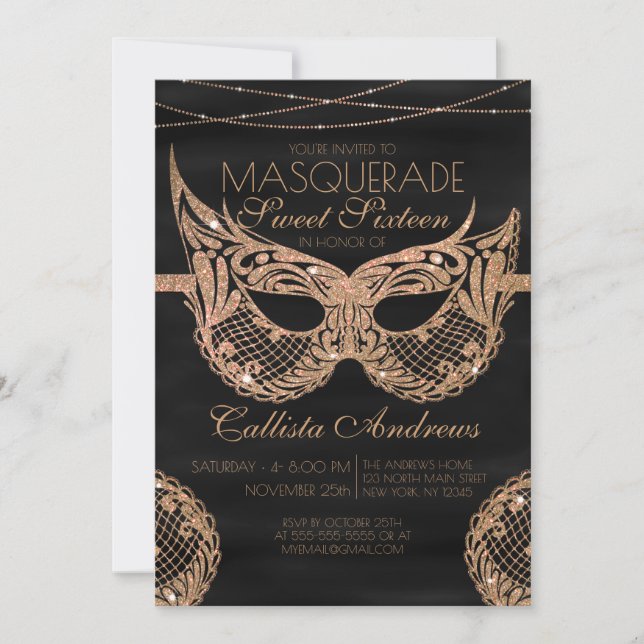 Black Gold Glitzer Lace Masquerade Sweet 16 Einladung (Vorderseite)