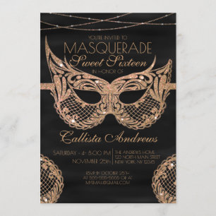 Black Gold Glitzer Lace Masquerade Sweet 16 Einladung