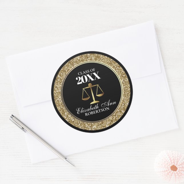 Black|Gold Glitzer Law School Abschluss Runder Aufkleber (Umschlag)