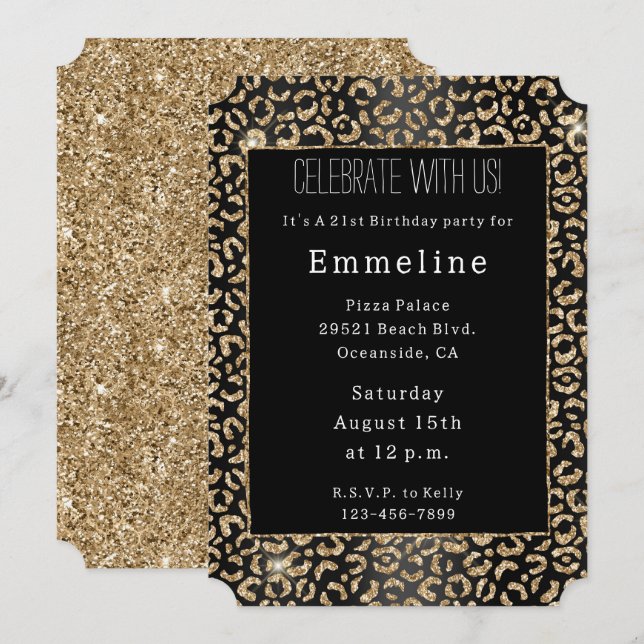 Black Gold Glitzer Leopard Einladung (Vorne/Hinten)