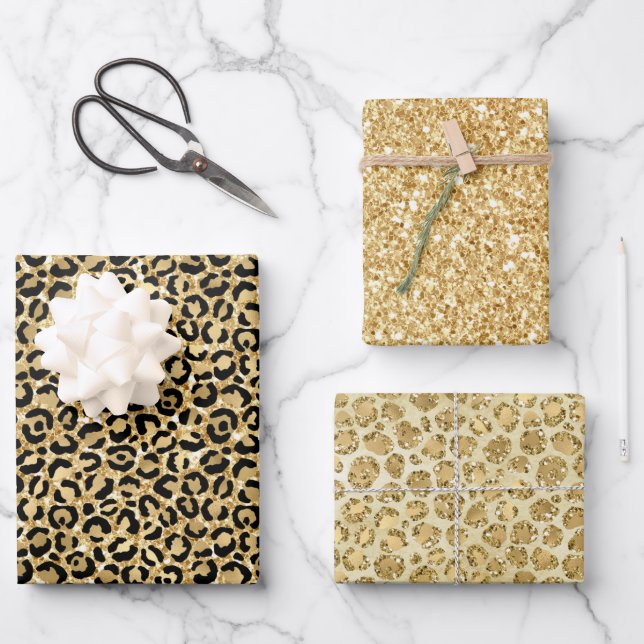Black Gold Glitzer Leopard Print         Geschenkpapier Set (Vorderseite)