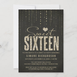 Black & Gold Glitzer Look Sweet 16 (sechzehn) Part Einladung
