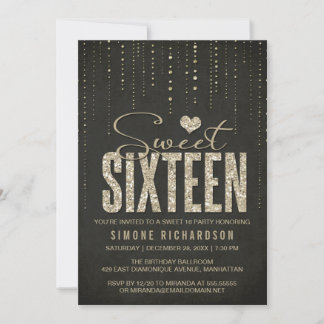 Black & Gold Glitzer Look Sweet 16 (sechzehn) Part Einladung