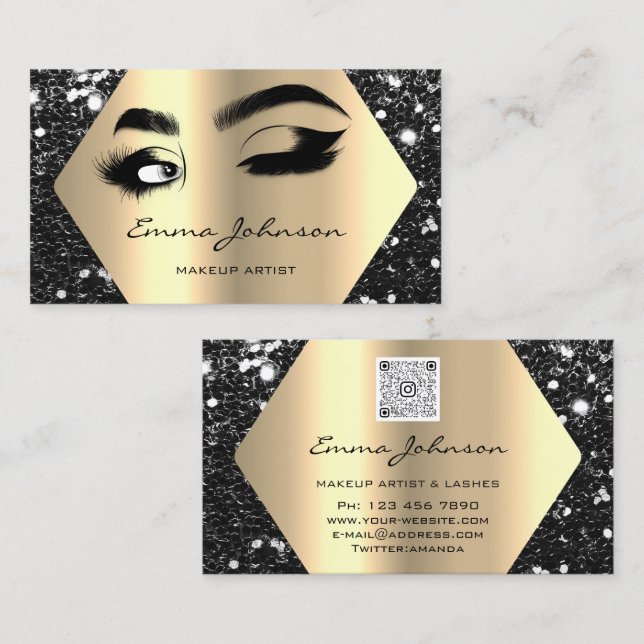Black Gold Glitzer Makeup Artist Lashes QR Code Visitenkarte (Vorne/Hinten)