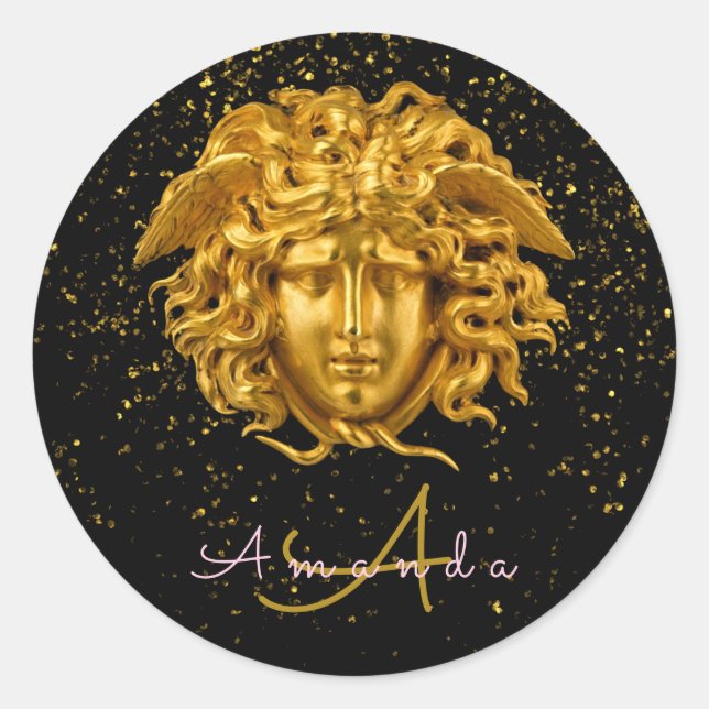 Black Gold Glitzer Medusa Script Haute Couture Runder Aufkleber (Vorderseite)