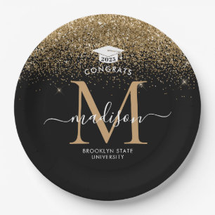 Black Gold Glitzer Monogram Grad Graduation Party Pappteller