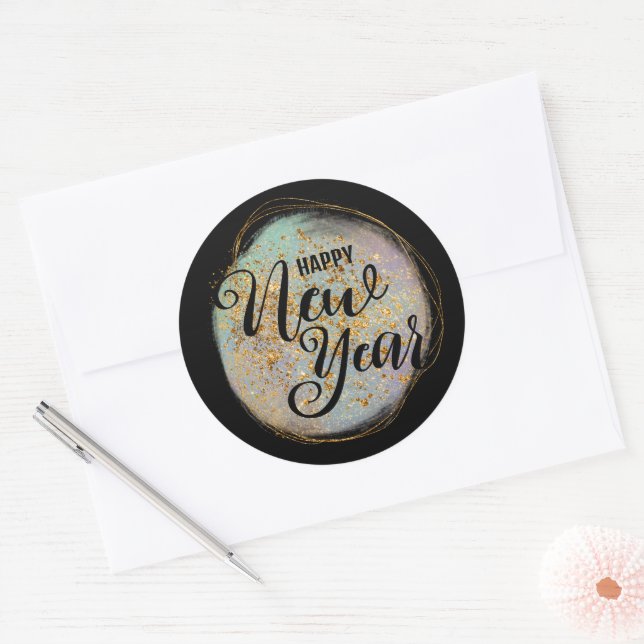 Black Gold Glitzer New Year Runder Aufkleber (Umschlag)