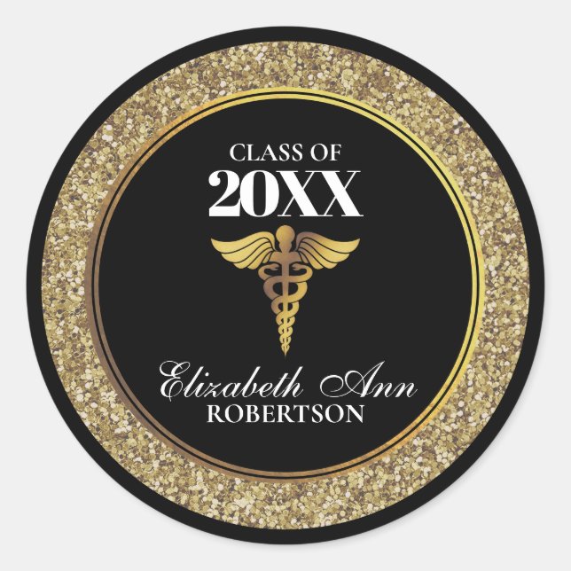 Black|Gold Glitzer Nurse Abschluss Runder Aufkleber (Vorderseite)