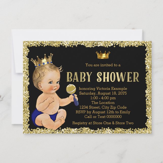 Black Gold Glitzer Prince Boy Baby Dusche Einladung (Vorderseite)