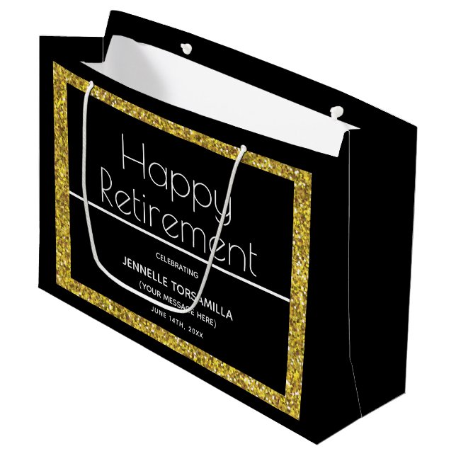 Black Gold Glitzer Retirement Party Große Geschenktüte (Vorderseite Schrägansicht)