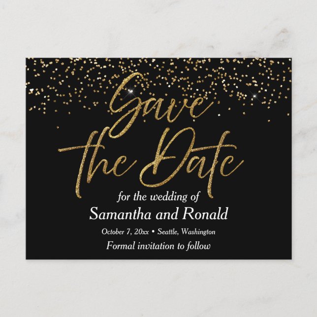 Black & Gold Glitzer Save the Date Hochzeit Ankündigungspostkarte (Vorderseite)